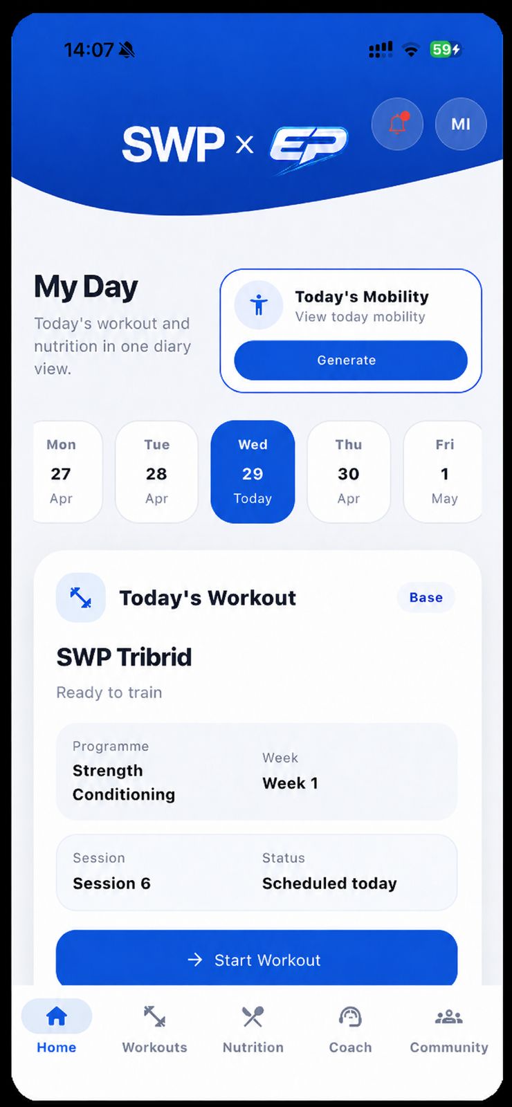 Elite Pocket PT home screen showing today's SWP Tribrid workout