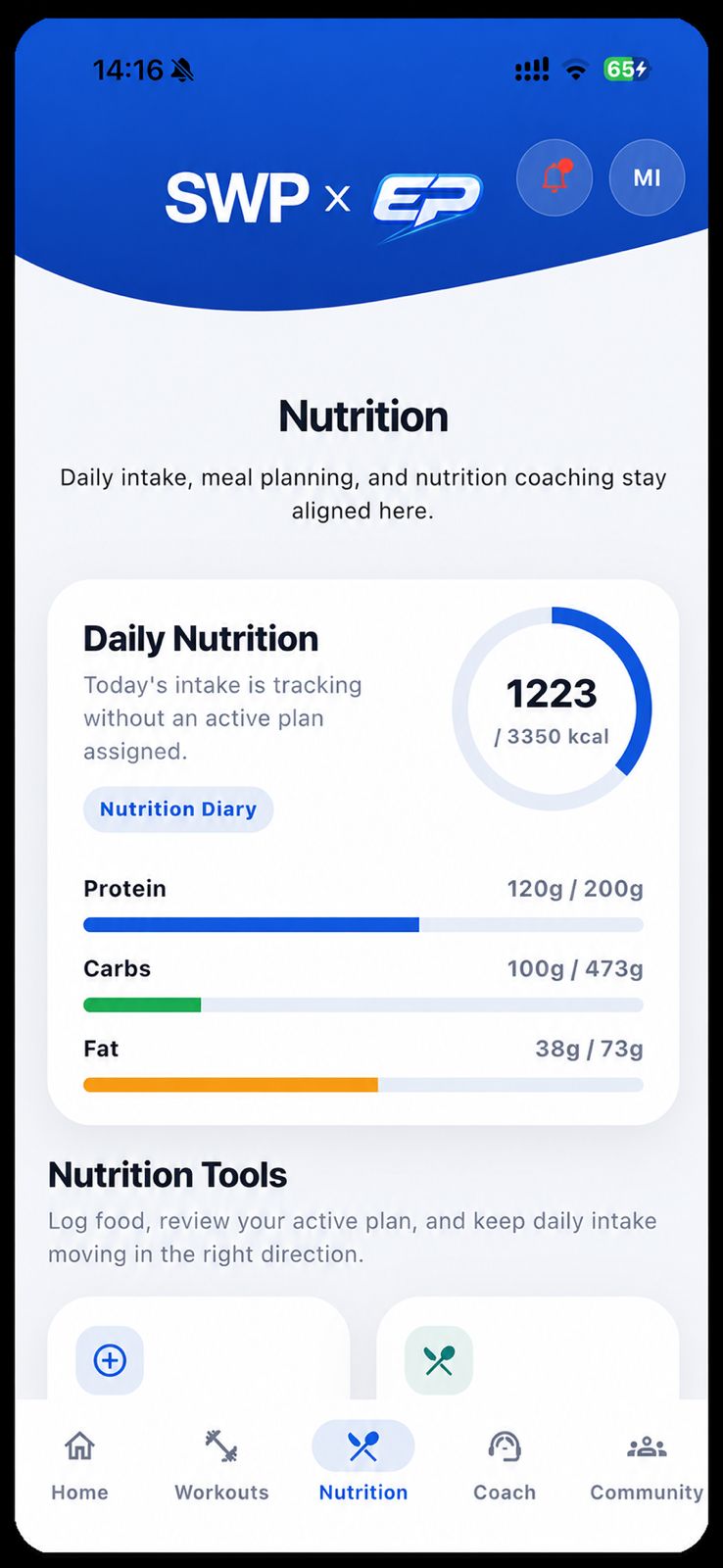 Nutrition dashboard with calories and macros