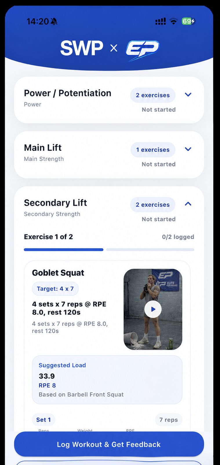 Workout screen with sets, reps, RPE and suggested loads